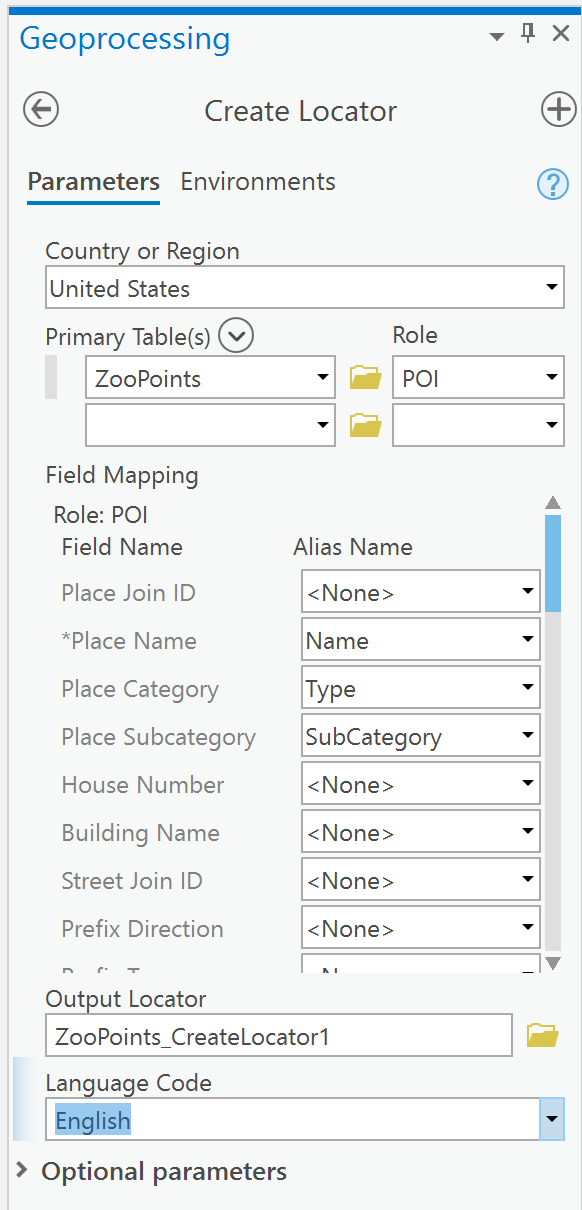 Create Locator parameters